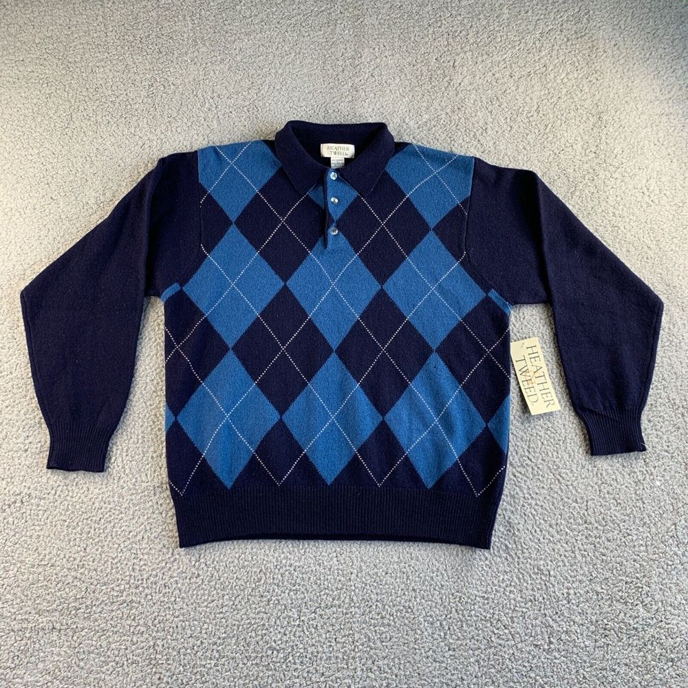 NWT Vintage Heather Tweed Sweater Mens Large Blue Lambswool Argyle Pullover READ